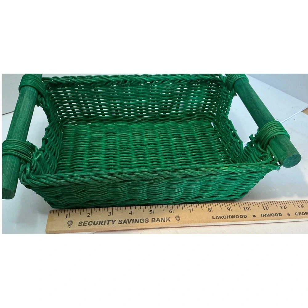 Green Wicker Basket Rectangular Wood Handles Storage Decor 10x8x4